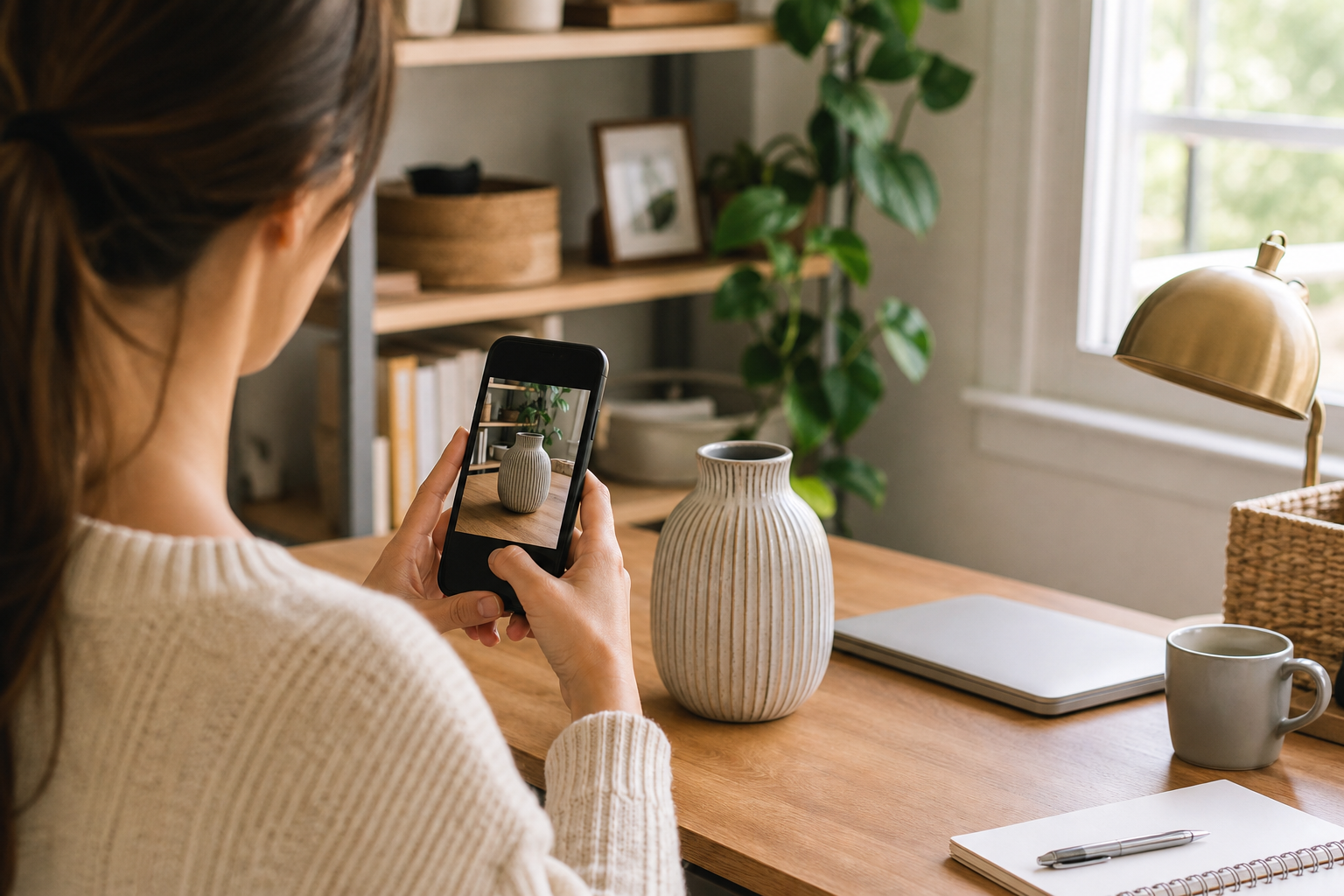 Person using a phone to capture and catalog a household item
