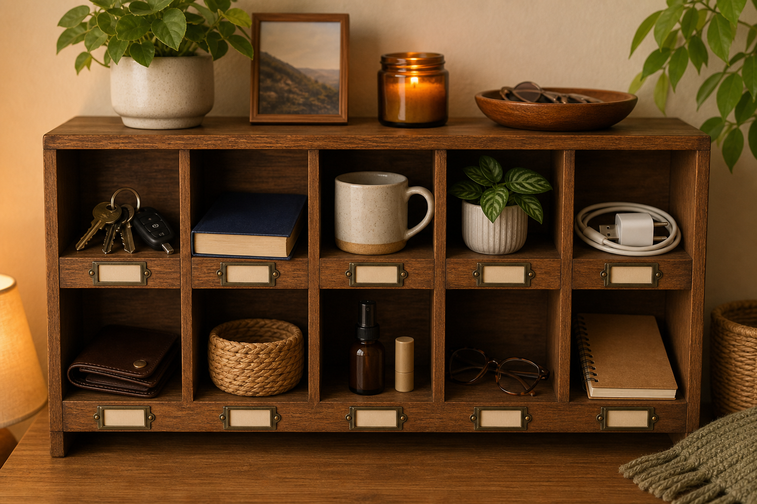 Small shelf with labeled items representing an inventory in progress