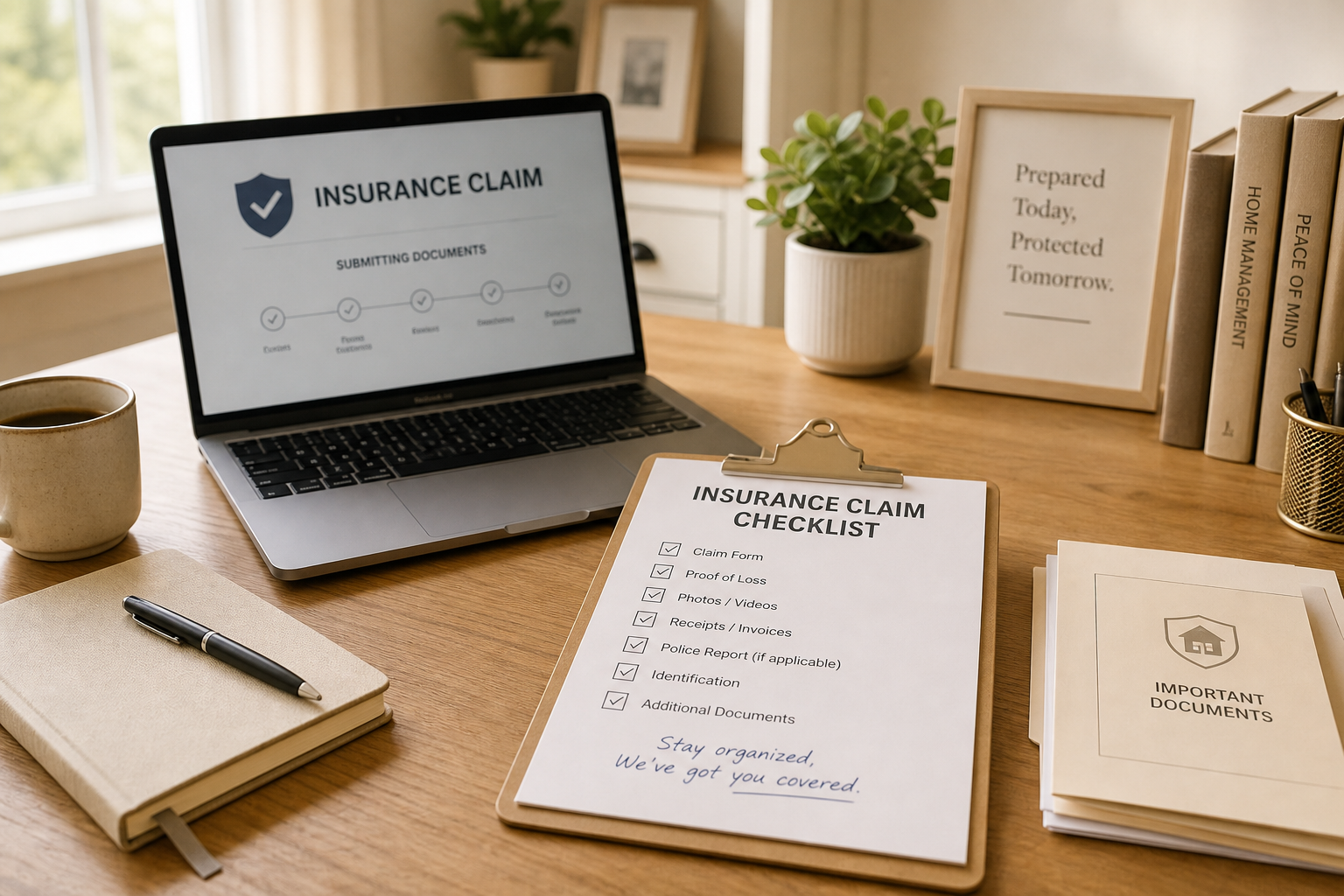 Insurance claim checklist next to a laptop
