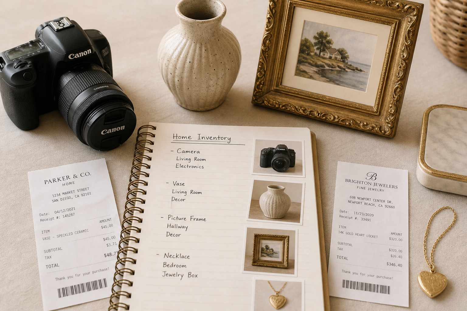 Item photos and receipts laid out for insurance documentation