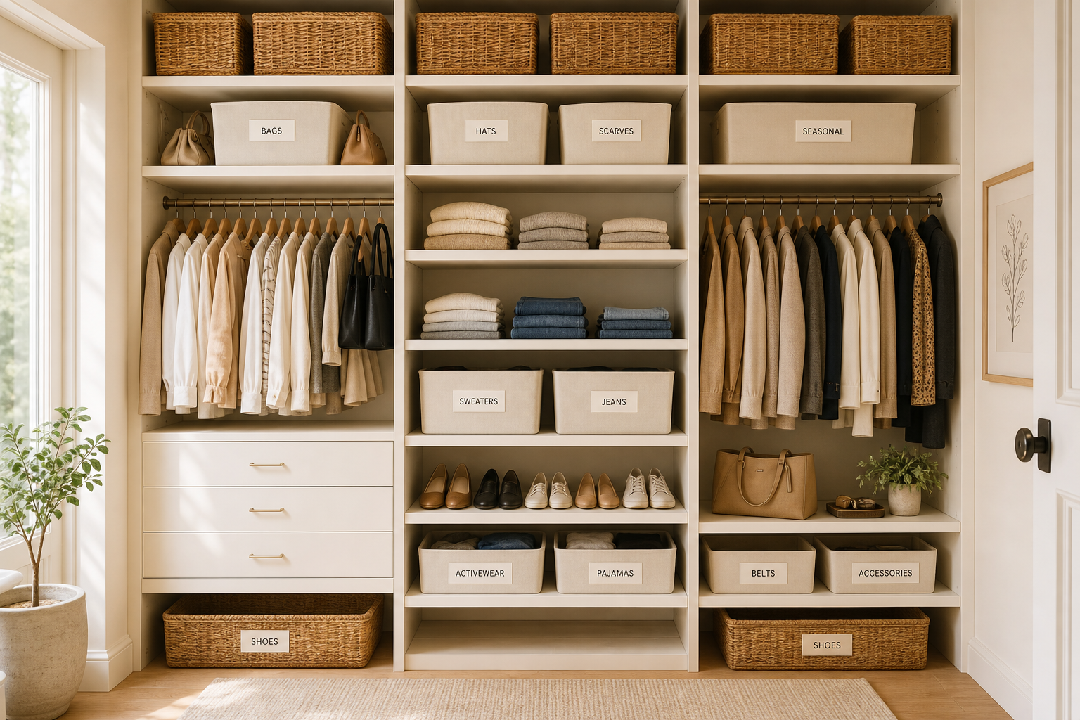 Organized home storage with labeled boxes and shelves