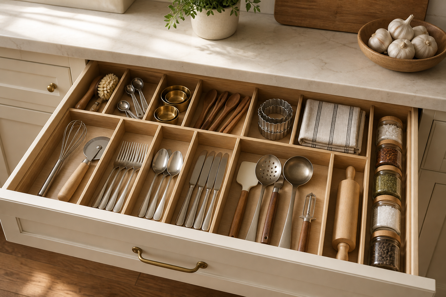 Kitchen drawer with dividers and everything visible