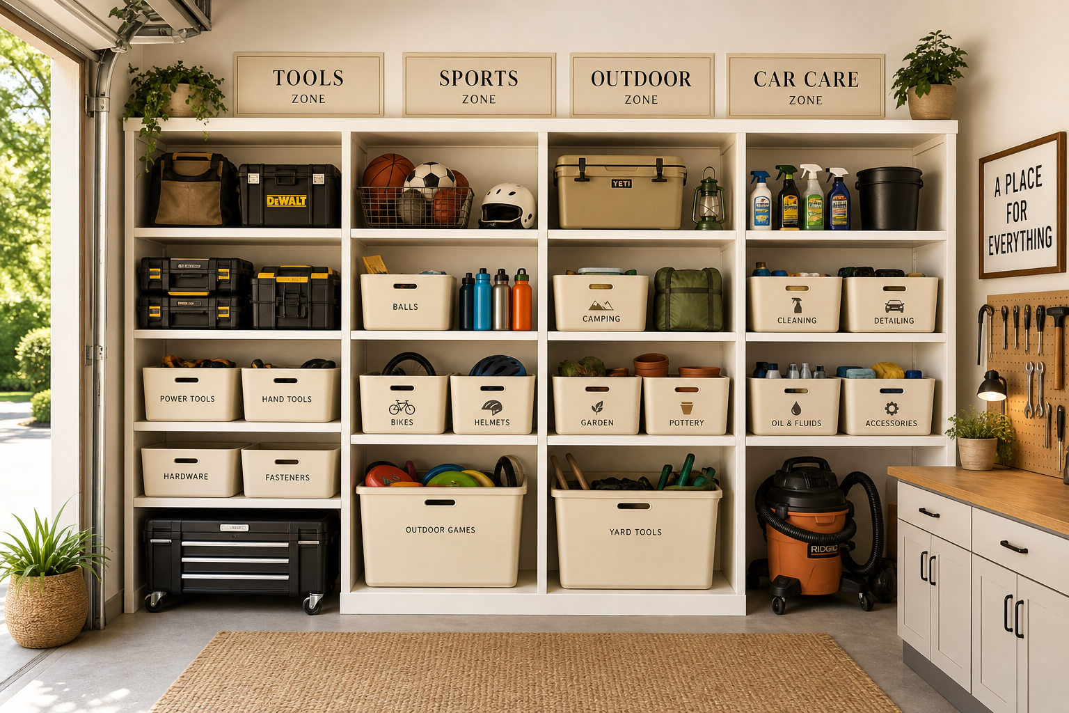 Garage shelf zones with clear categories and labeled bins
