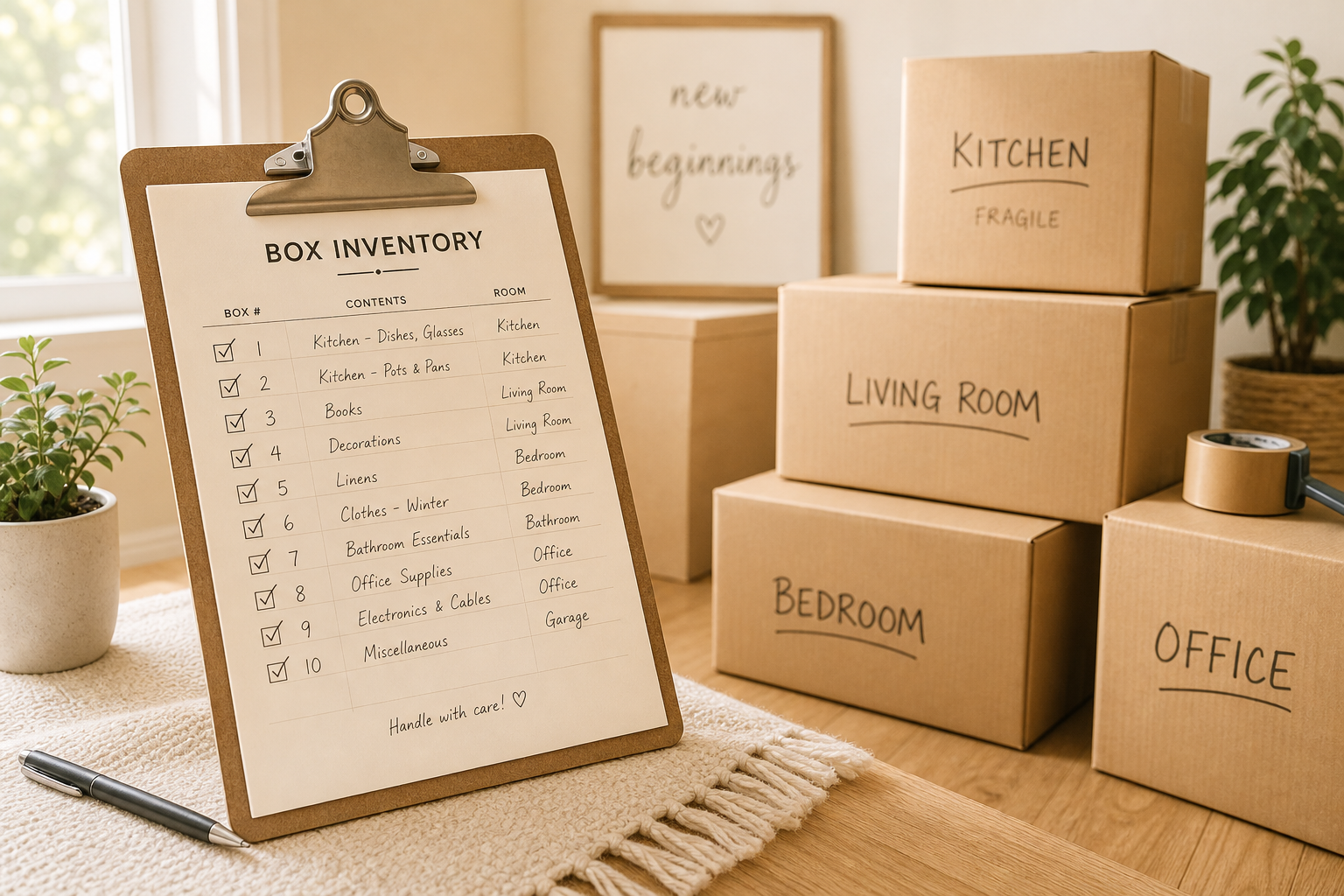 Clipboard with box inventory list beside stacked moving boxes