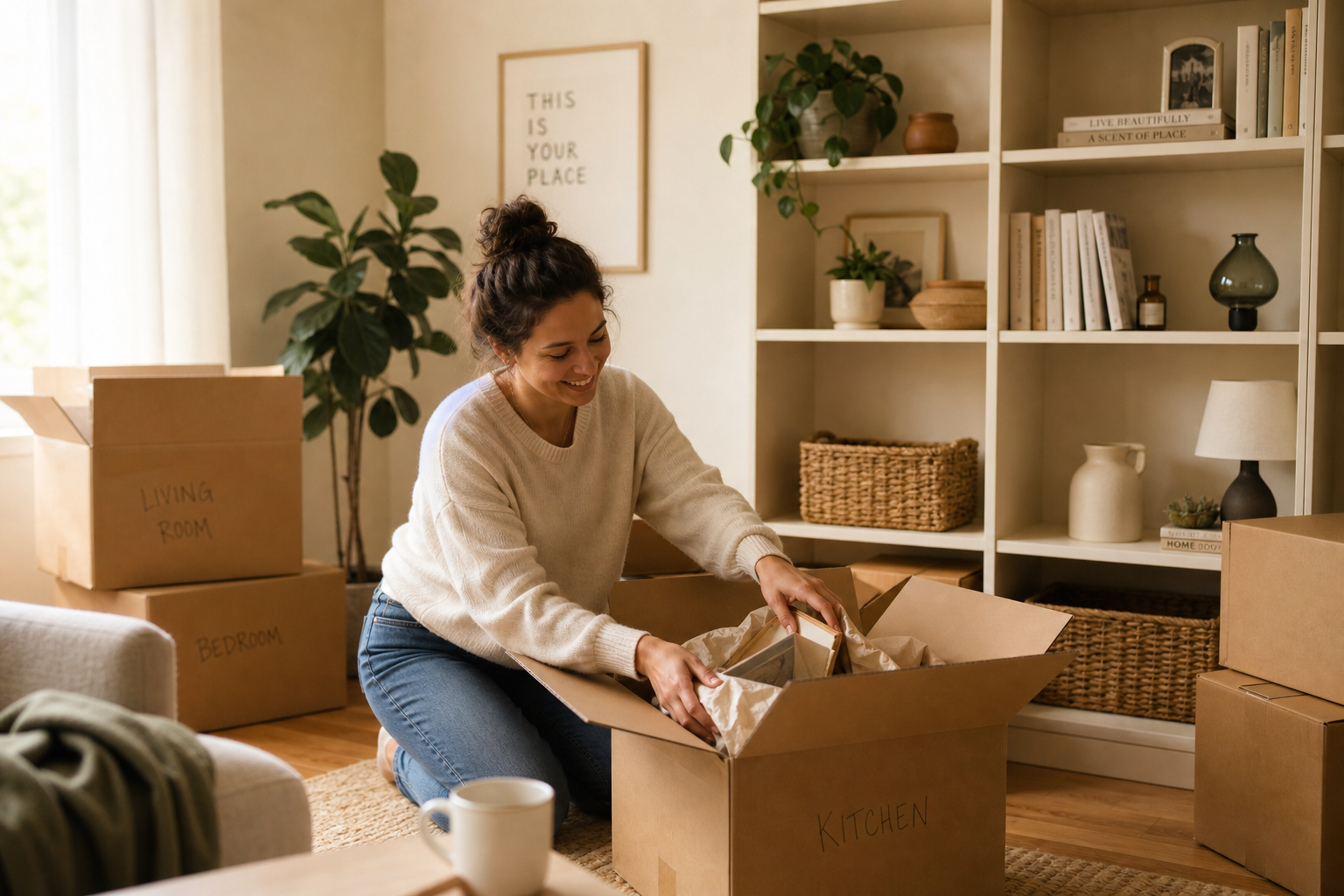 Person unpacking in a new home with organized shelves
