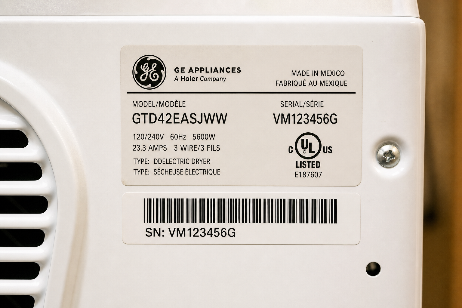 Close-up of a serial number label on a home appliance