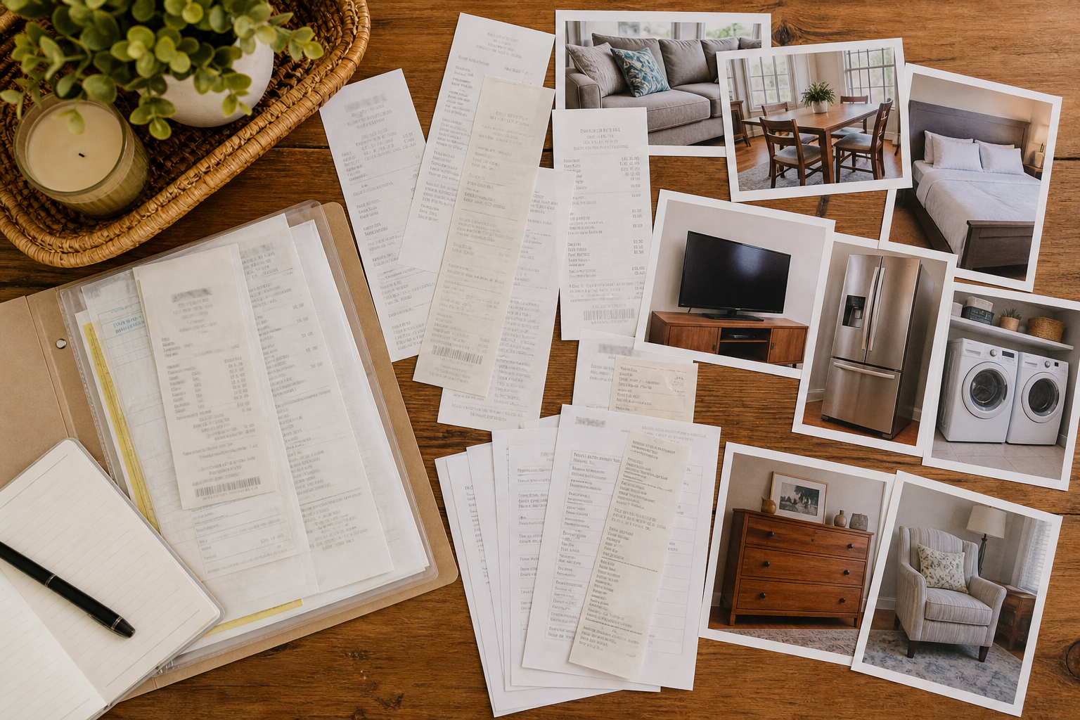 Receipts and purchase records organized next to item photos