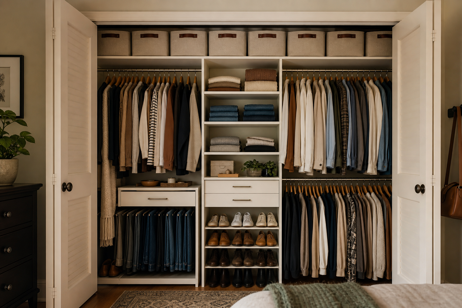 Closet with vertical organizers and labeled storage bins