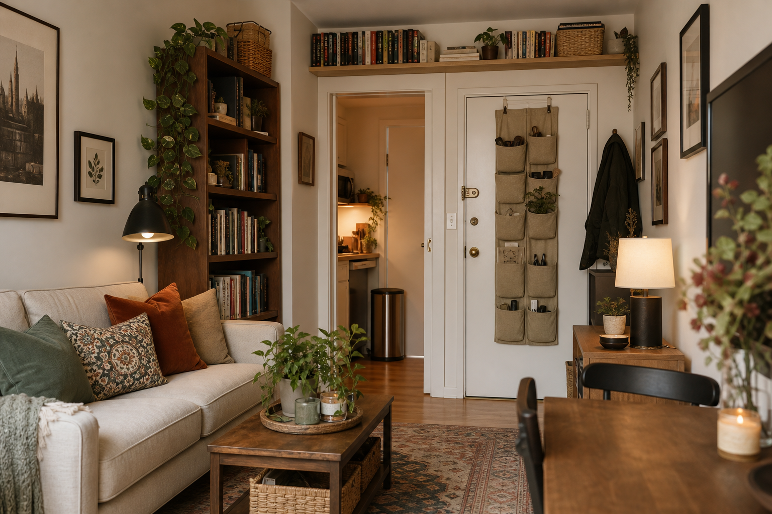 Vertical storage solutions in a small apartment living area